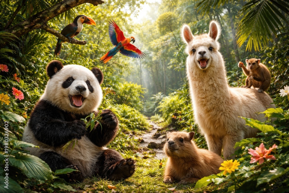 Fototapeta premium Playful Panda and Llama Surrounded by Lush Greenery with Tropical Birds