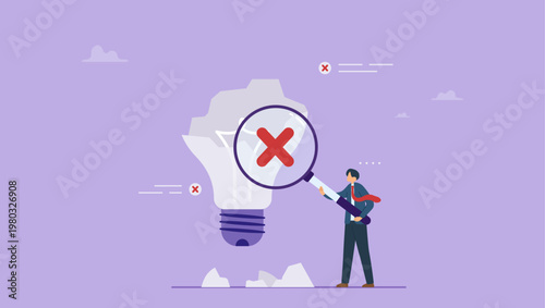 Businessman searching for mistakes in a broken lightbulb idea. Explore or searching for mistakes startup business ideas or plan concept.