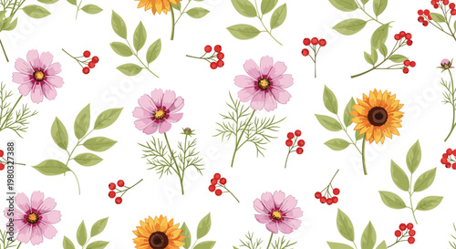Seamless floral pattern vector with wildflowers leaves and berries decorative botanical background for fabric wallpaper design