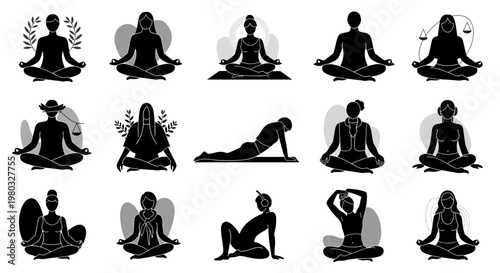 Collection of diverse yoga poses and meditation silhouettes in a clean, graphic style, perfect for wellness and mindfulness content