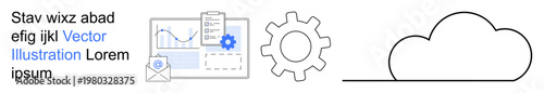 Data management, cloud computing, productivity tools, automation, tech industry, workflow optimization. Chart and document icons with gear and cloud symbols. Data management and cloud computing