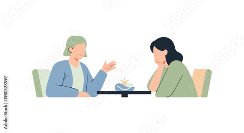 Two women are sitting at a table having a conversation, with one gesturing while speaking and the other listening in a minimalist vector style.