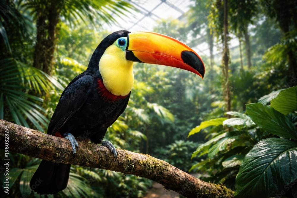 Fototapeta premium A colorful toucan bird perched on a branch inside a tropical enclosure with lush foliage
