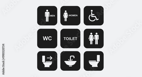 A collection of nine black square signs displaying various restroom and facility icons