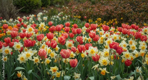 Lush landscape alive with vibrant tulips and daffodils during spring season
