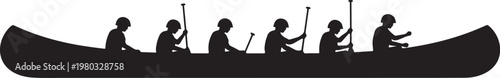 Black silhouette canoe, rowing team, paddling boat, vector icon
