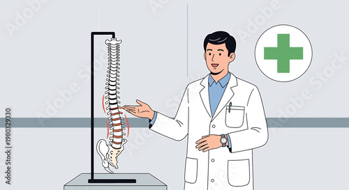 Doctor explains spine anatomy and posture correction with vertebral model and medical cross