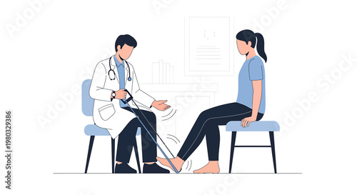 Doctor performs physiotherapy on patient's ankle with resistance band in clinic