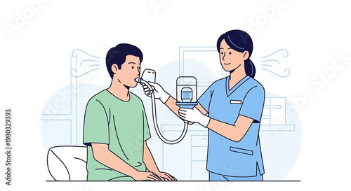 Doctor performs lung function test on patient with spirometer in clinic