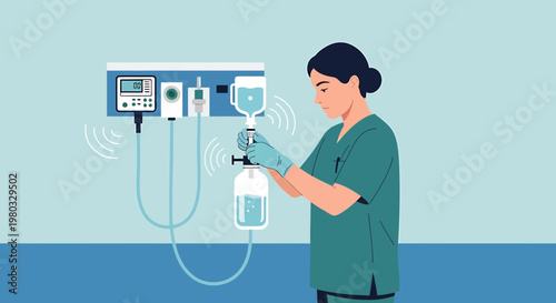 Nurse Adjusting IV Drip Bag Connected to Medical Equipment with Wireless Signals
