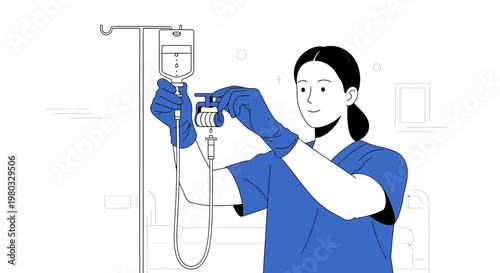 Nurse Adjusting IV Drip Bag for Patient Care in Hospital Room