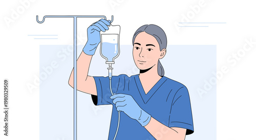 Nurse Adjusting IV Drip Bag on Stand, Medical Care and Treatment Concept
