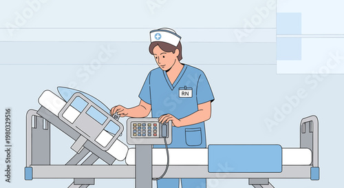 Nurse Adjusting Medical Equipment Beside Hospital Bed in Modern Clinic