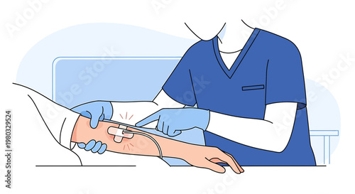 Nurse Administering IV Drip to Patient's Arm in Hospital Room