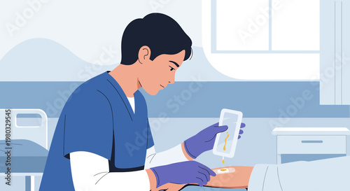Nurse administering IV drip to patient in hospital bed, medical care and treatment concept