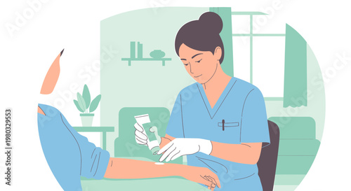 Nurse applying cream to patient's arm, healthcare, medical treatment, skin care, doctor's visit