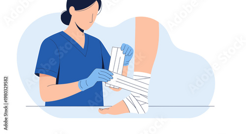 Nurse applying bandage to patient's injured ankle, medical care and support concept