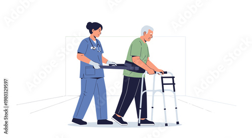 Nurse assisting elderly man with walker during physical therapy, rehabilitation support