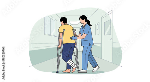 Nurse assisting patient with crutches in hospital hallway, rehabilitation concept