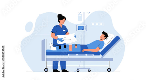 Nurse caring for patient in hospital bed with IV drip and monitor, recovery concept