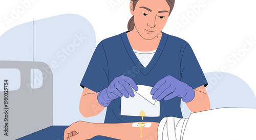 Nurse changing wound dressing on patient's arm in hospital bed