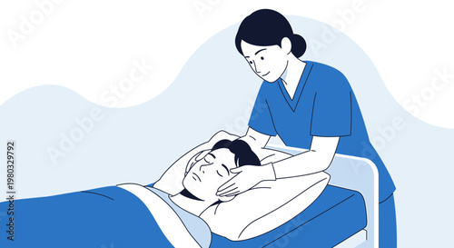 Nurse Gently Massaging Patient's Temples in Hospital Bed, Caring Healthcare Concept
