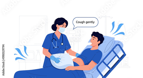 Nurse helping patient cough gently into pillow in hospital bed, medical care concept
