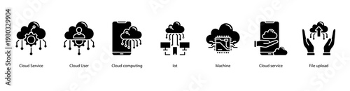 Cloud Solutions web banner icon vector illustration featuring Cloud Service, Cloud User, Cloud Computing, IoT, Machine, Cloud Service, and File Upload.