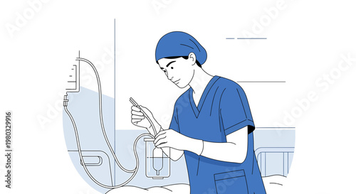 Nurse preparing IV drip in hospital room, medical care, healthcare illustration