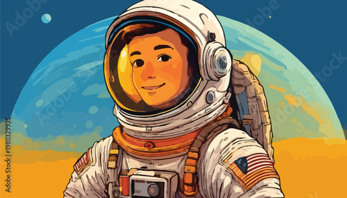 Illustration of a young astronaut in a spacesuit on a planet.