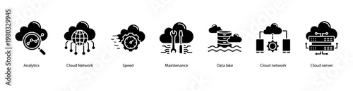 Cloud Infrastructure web banner icon vector illustration featuring Analytics, Cloud Network, Speed, Maintenance, Data Lake, Cloud Network, and Cloud Server.