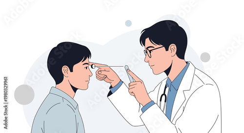Ophthalmologist examining patient's eye with light, medical check-up, vision care concept