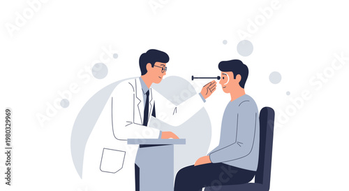 Ophthalmologist examining patient's eye with ophthalmoscope in modern clinic, eye care concept