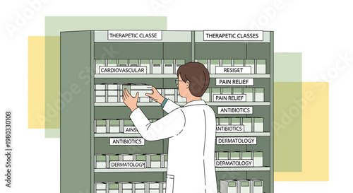 Pharmacist organizing medications by therapeutic class in a pharmacy shelf