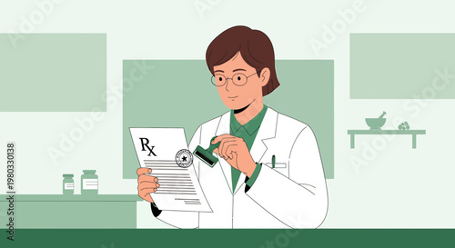 Pharmacist stamping prescription document in pharmacy with medicine bottles in background