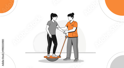 Physical therapist assisting patient with balance exercise on a stability ball