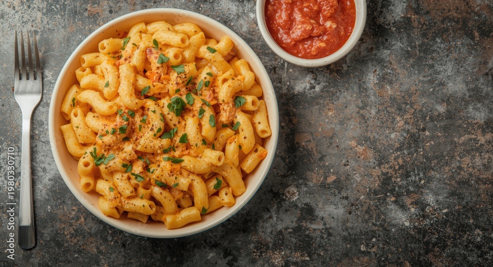 Fototapeta premium Top perspective of classic American macaroni pasta with thick cheese sauce and copy space