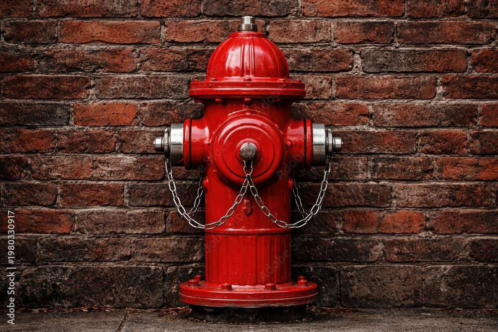 Fototapeta premium Close up view of a textured brick wall with a vibrant red fire hydrant centered
