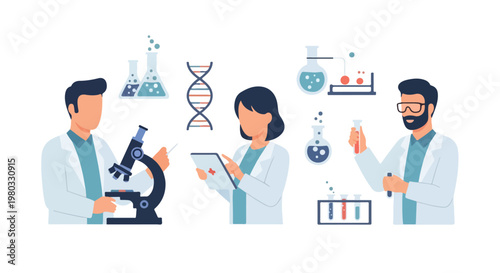 Three professional scientists in lab coats conduct research using high-tech equipment like microscopes, DNA models, and chemical test tubes.