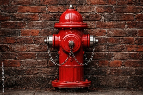 Close up view of a textured brick wall with a vibrant red fire hydrant centered