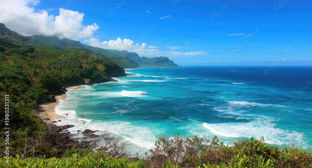 Fototapeta premium Vibrant coastal tropical hills with crashing surf and brilliant blue sky over pristine waters