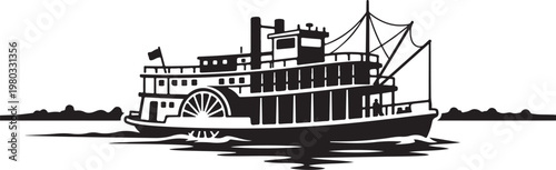 Vintage steamboat, paddlewheel riverboat, black and white illustration, nautical icon