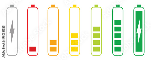 Battery level indicators. Colorful battery charge level icons. Battery power level pictograms in outline style. Battery level indicators. vector illustration eps file.