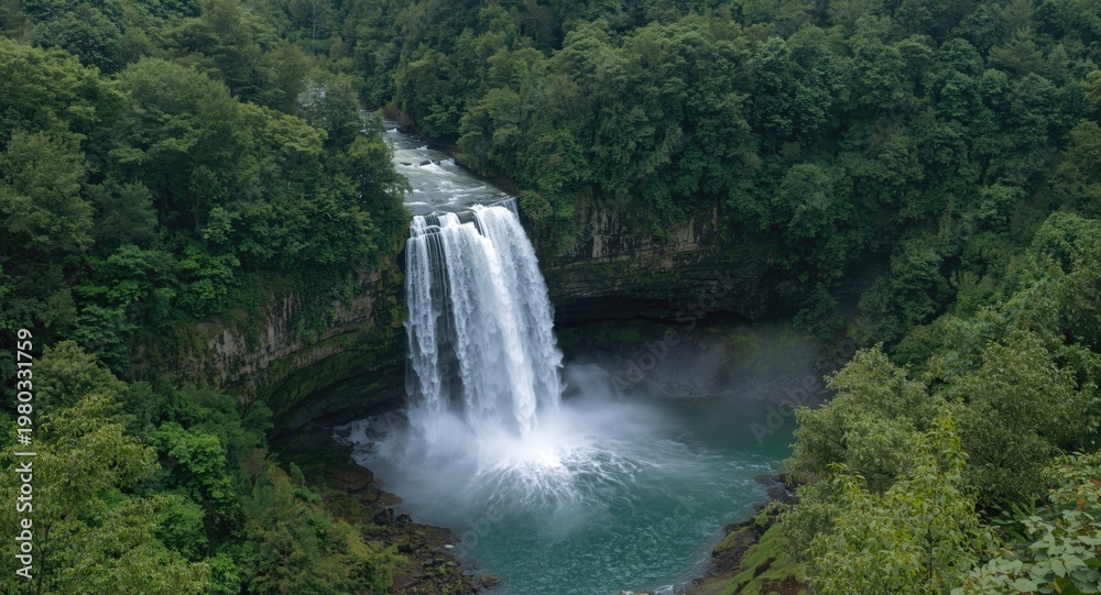 Fototapeta premium Stunning waterfall cascading through a dense green forest creating a beautiful natural backdrop