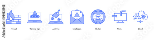 Network Defense web banner icon vector illustration featuring Firewall, Warning Sign, Antivirus, E-mail Spam, Hacker, Worm, and Cloud.