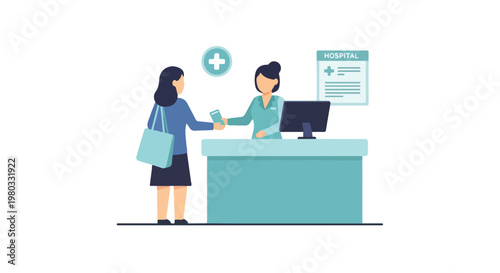 A female patient is handing a document to a receptionist at a hospital's front desk while standing in a clean, professional medical facility.