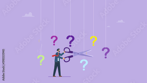 Businessman cutting the problems hanging around with a scissors. Solving problem or business solution concept.