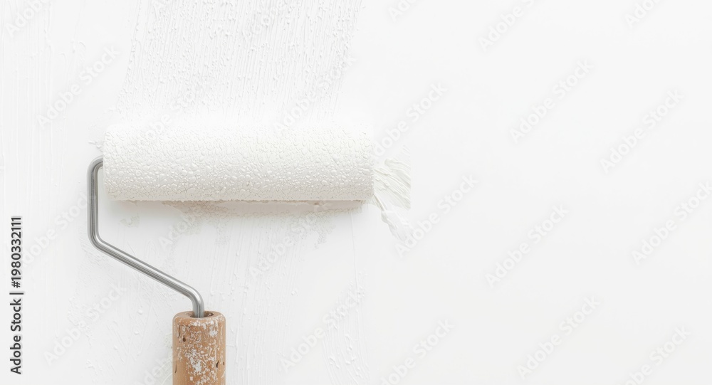 Obraz premium Macro image of paint roller covering spotless wall in white paint with copy space for text
