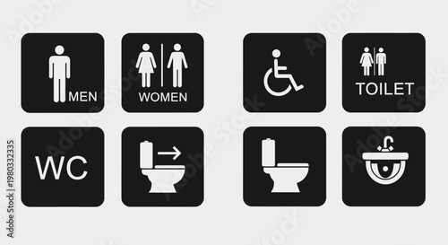 A collection of black square restroom and toilet signage depicting various facilities