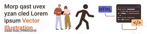 Web development, teamwork, coding education, software programming, tech learning, online coding tools. Diverse people discussing a project. Web development and teamwork concepts